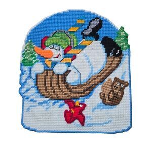 Handmade Snowman Sledding Needlepoint Wall Art Bear Cardinal